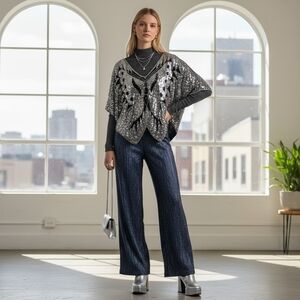 Vintage Black Silk Butterfly Top Hand Embellished with Silver Sequins and Black